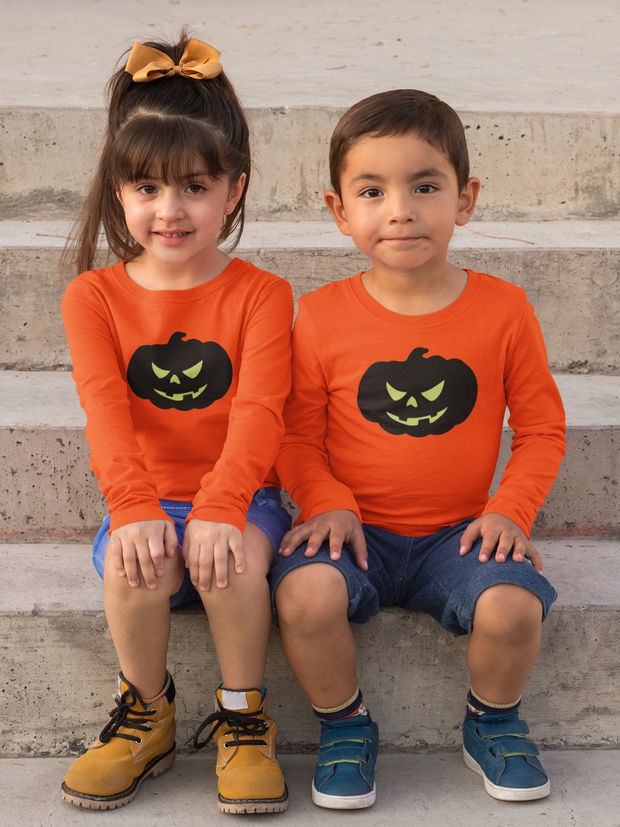 Halloween Reflective T-shirt / Kostuum voor kinderen | Pompoen gezicht | Pumpkin face | Oranje | Maat 110